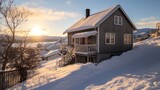  Kirkenes, cosy wooden house in winter at noon, when sun light doesn't exist