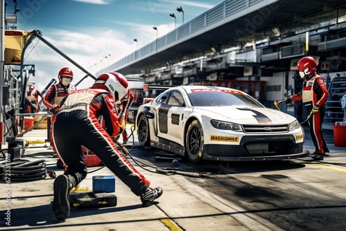 Pit Stop Precision: Professional Pit Crew Leaps into Action as Their Team's Race Car Arrives in the Pit Lane, Demonstrating the Ultimate Teamwork Experience