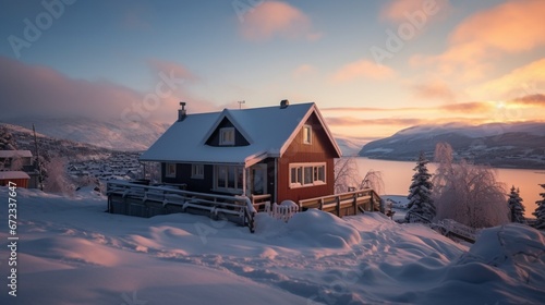  Kirkenes, cosy wooden house in winter at noon, when sun light doesn't exist photo