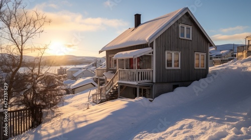  Kirkenes, cosy wooden house in winter at noon, when sun light doesn't exist