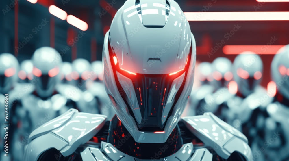 Combat robot in military metal armor. Futuristic cyborg security guard. Concept of technology, robotics, artificial intelligence and future. Combat robot in military metal armor. Futuristic cyborg security guard. Concept of technology, robotics, artificial intelligence and future.
