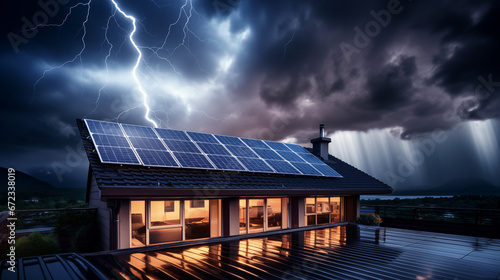 house with solar panels on the roof in a thunderstorm with lightning photo
