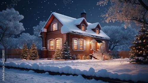 One-story brick house on the background of a snowy winter evening. Construction of low-rise buildings for further sale. Concept of building business. 8k,