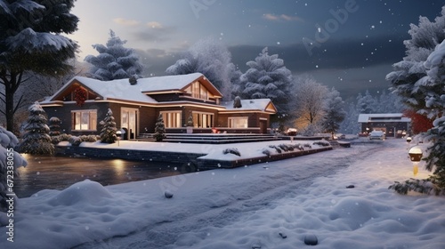 One-story brick house on the background of a snowy winter evening. Construction of low-rise buildings for further sale. Concept of building business. 8k,