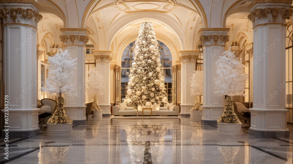 Christmas evening.Cclassic luxurious hall decorated christmas tree.