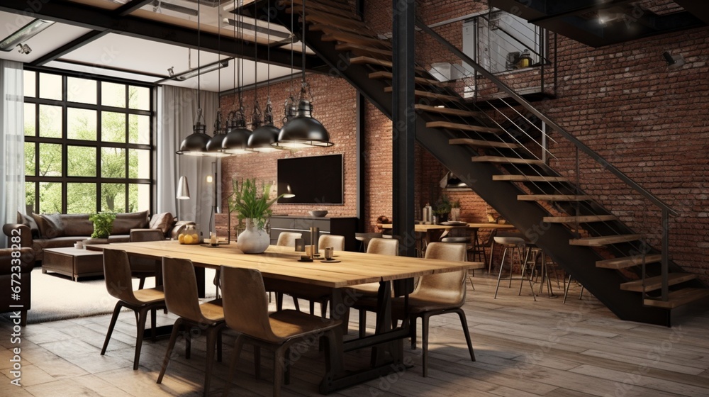 Open space with industrial half-landing stairs and wooden dining area 8k,