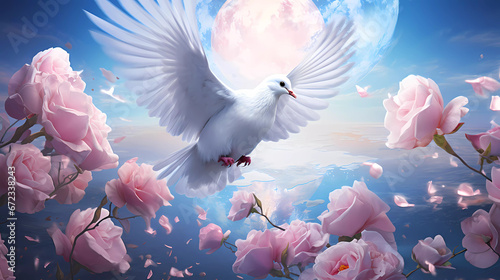a white dove flying over a globe with pink flowers on it s side and a blue background with a light shining on it