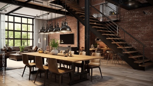 Open space with industrial half-landing stairs and wooden dining area 8k 