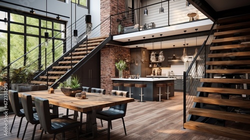 Open space with industrial half-landing stairs and wooden dining area 8k,