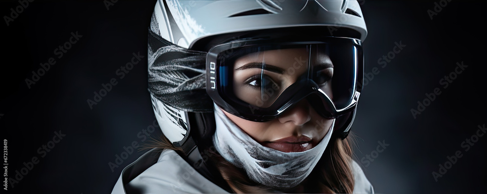 Portrait of woman skier with helmet and gloves. Winter skier detail concept. Portrait of woman skier with helmet and gloves. Winter skier detail concept.