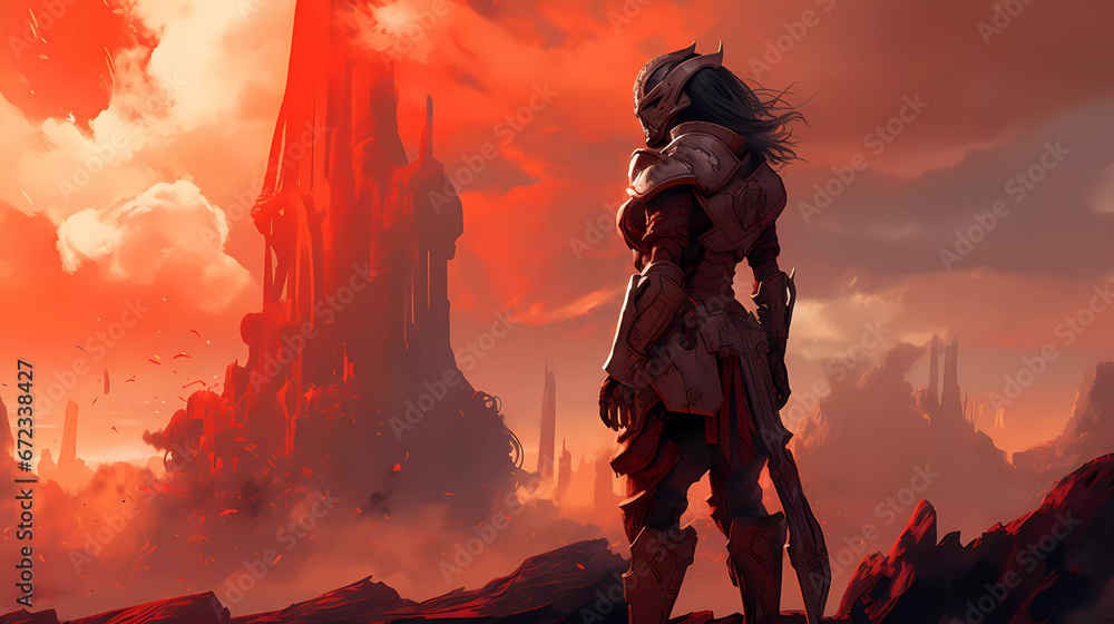a woman in a helmet and armor standing in front of a red sky with clouds and rocks in the background a woman in a helmet and armor standing in front of a red sky with clouds and rocks in the background