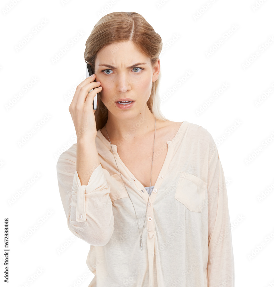 Isolated woman, frustrated and confused on phone call with conversation by transparent png background. Girl, thinking and smartphone with anger, stress and questions for contact on mobile network Isolated woman, frustrated and confused on phone call with conversation by transparent png background. Girl, thinking and smartphone with anger, stress and questions for contact on mobile network