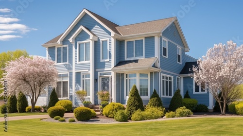 pale blue house with siding on a large lot with traditional windows and shutters in a subdivision in the suburbs on a bright sunny blue sky day 8k,