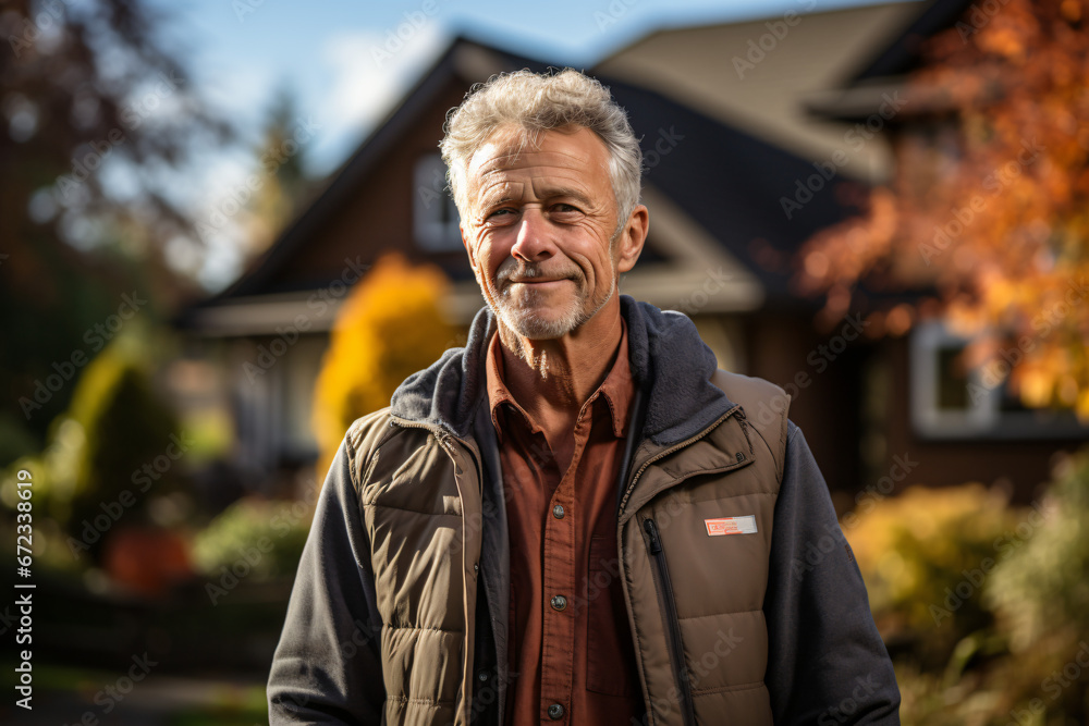 Man with gray hair smiles in front of home Man with gray hair smiles in front of home