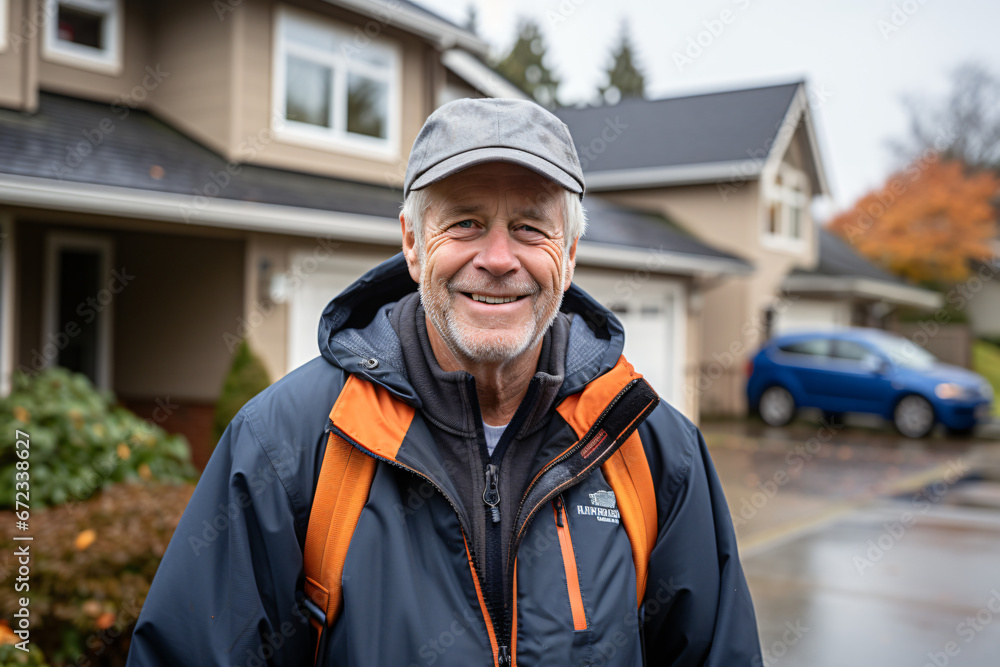 Smiling man in cap and jacket in front of home
