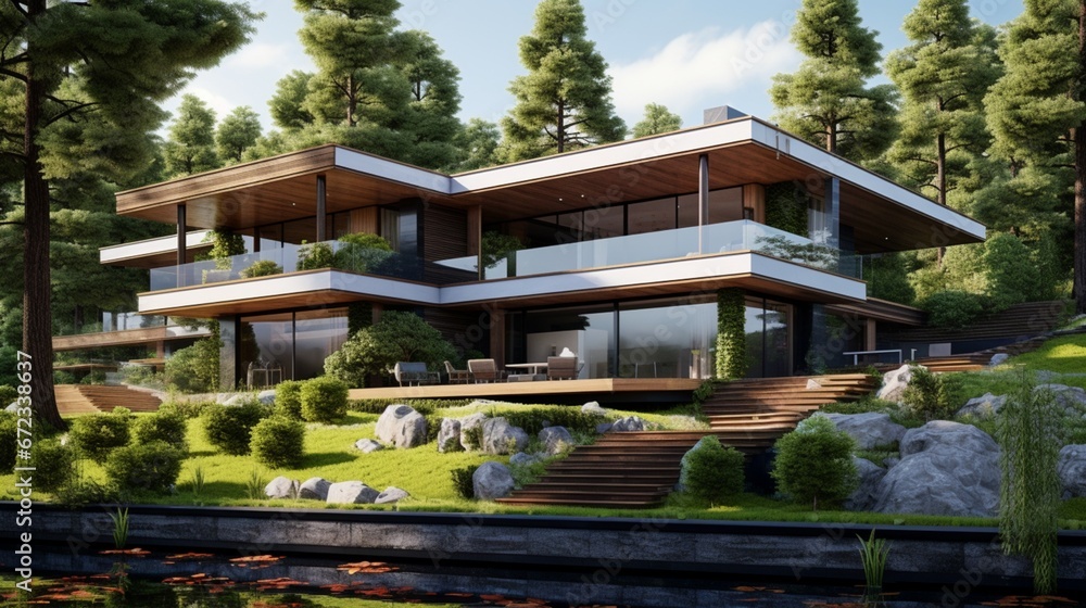 Panorama of beautiful and modern house among trees, exterior view 8k,