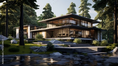 Panorama of beautiful and modern house among trees, exterior view 8k, © Creative artist1
