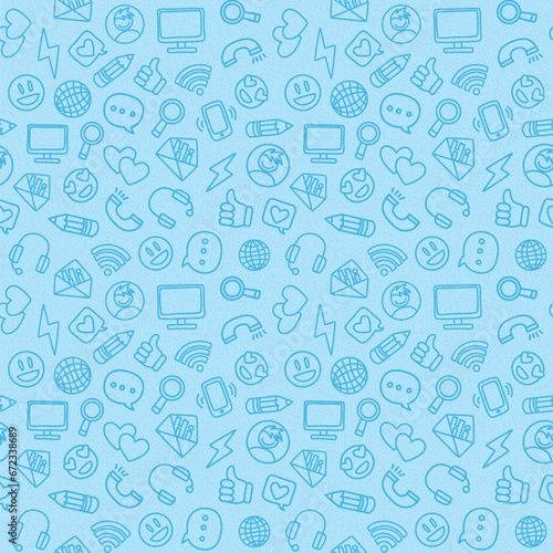 Social media seamless background, internet design elements blue pattern, web network communication vector icons collection, abstract business chat background