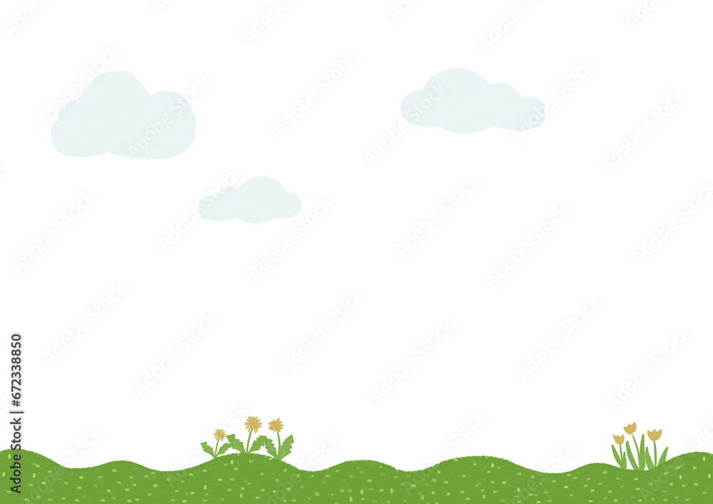 起伏のある緑の野原とたんぽぽとチューリップの背景素材：フッター,春,飾り帯