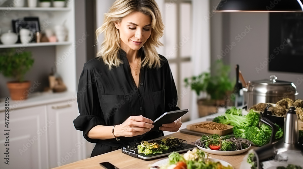 Young woman food blogger recording a new podcast in her home kitchen, filming a freshly prepared dish to count calories Young woman food blogger recording a new podcast in her home kitchen, filming a freshly prepared dish to count calories