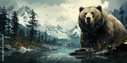 AI Generated. AI Generative. Wild bear at nature outdoor landscape. Forest lake with mountain decoration. Painting drawing art. Graphic Art