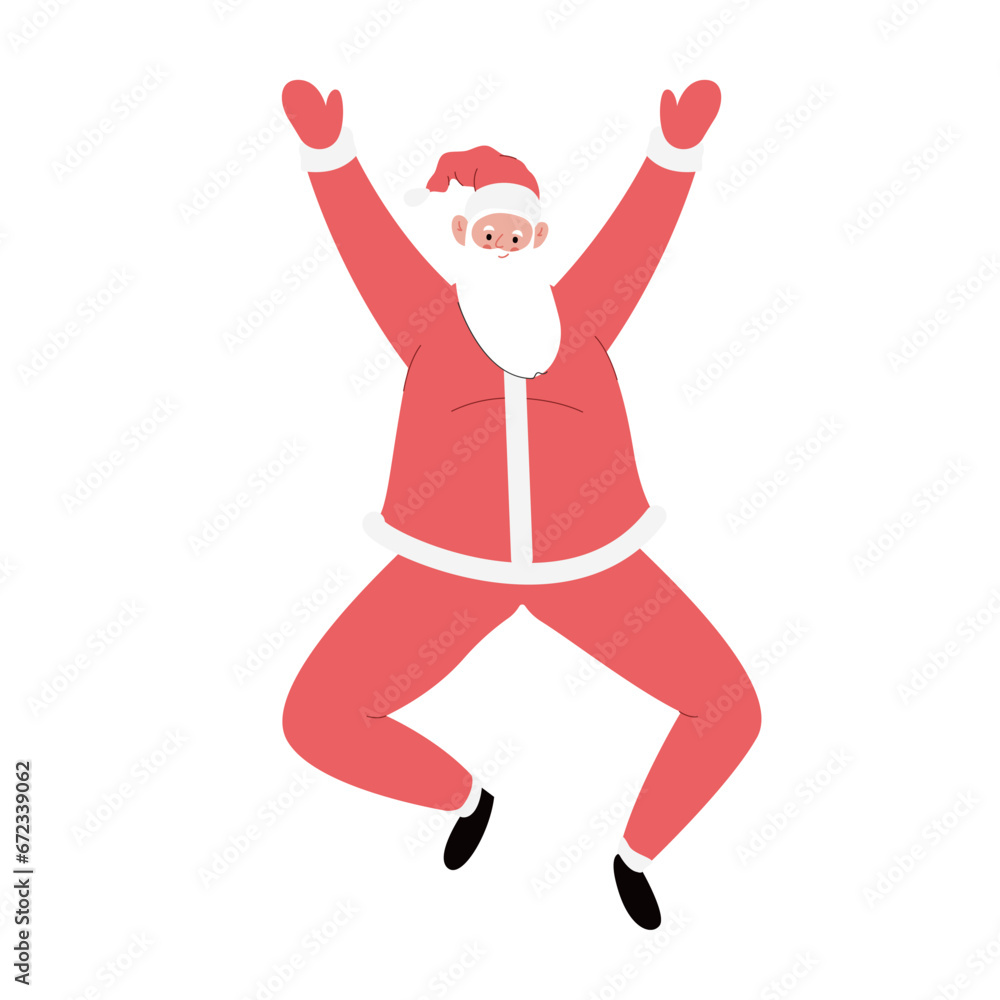 Modern flat vector illustration of cheerful Santa Claus jumping, wearing red clothes, xmas activity on white background Modern flat vector illustration of cheerful Santa Claus jumping, wearing red clothes, xmas activity on white background