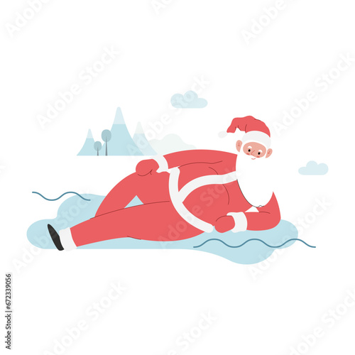 Modern flat vector illustration of cheerful Santa Claus laying down, wearing red clothes, xmas activity on winter background