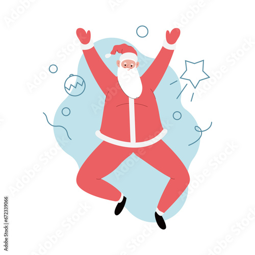 Modern flat vector illustration of cheerful Santa Claus jumping, wearing red clothes, xmas activity on illustrative background