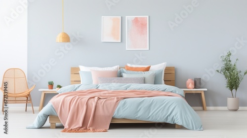 Pastel blue, pink and orange bedding on double bed in chic bedroom interior 8k,