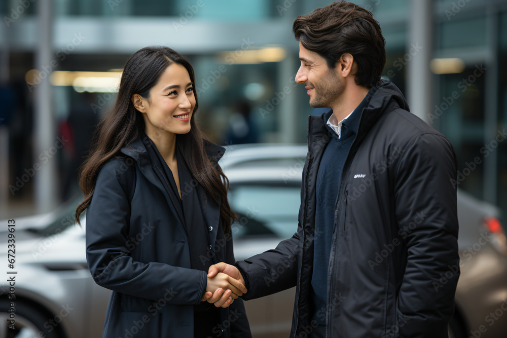 Businesswoman and businessman shaking hands outdoors Businesswoman and businessman shaking hands outdoors