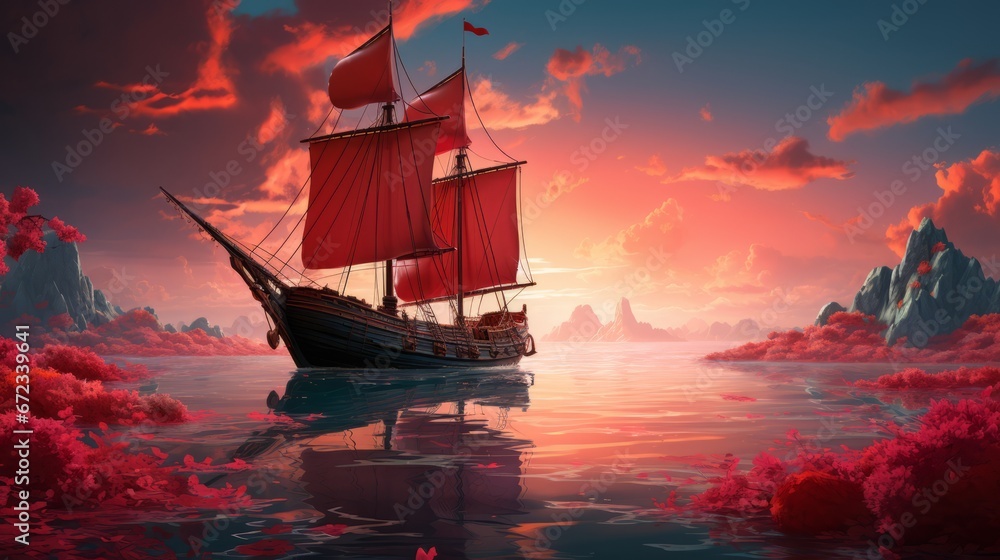 Obraz premium ship with scarlet sails at sunset ai generated image