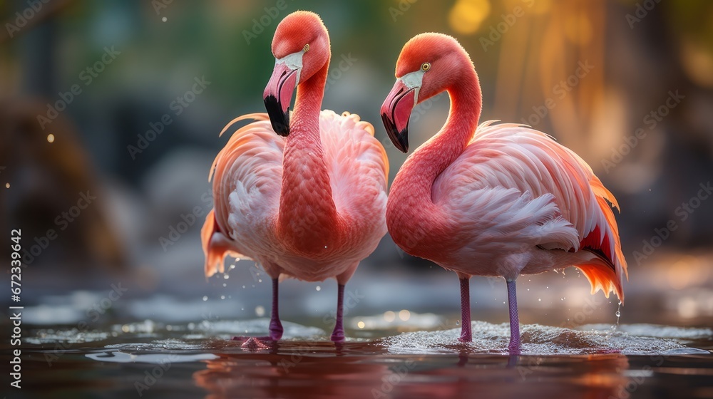 Two flamingos standing in the water and looking at the camera. Two flamingos standing in the water and looking at the camera.