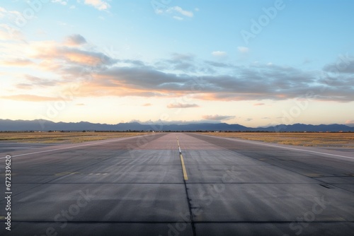 Clouds bathed in the warm glow of the setting sun, overlooking the expansive and empty airport runway © Radmila Merkulova