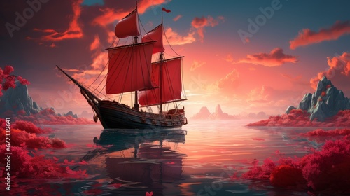 ship with scarlet sails at sunset ai generated image