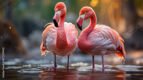 Two flamingos standing in the water and looking at the camera.