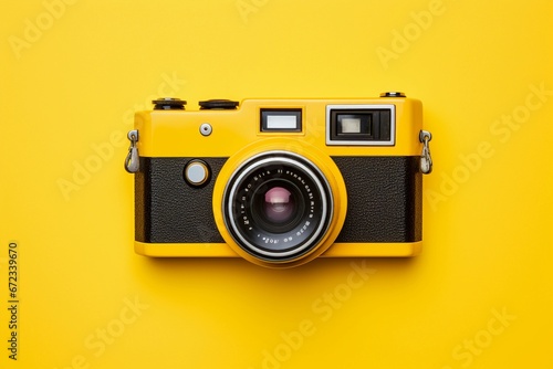 Retro camera isolated on yellow background, close up view