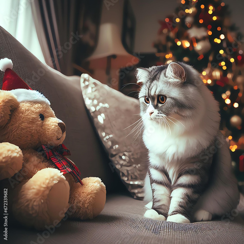 Cute cat contemplates Christmas bear created with Generative AI