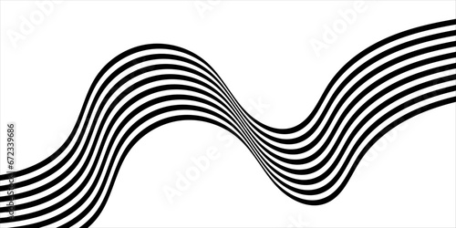 Black on white abstract perspective line stripes wave with 3d dimensional effect isolated on white.