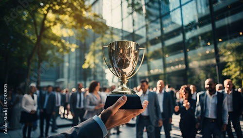 Businessman holding a trophy in front of a group of business people