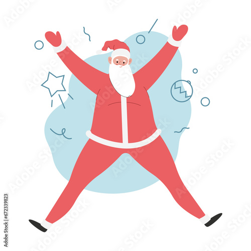 Modern flat vector illustration of cheerful Santa Claus jumping, wearing red clothes, xmas activity on illustrative background