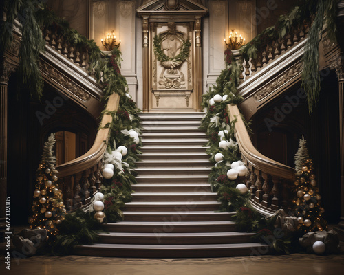 A grand staircase adorned with garlands, wreaths, and nutcrackers.