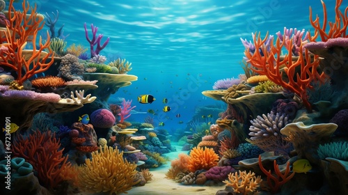 An expansive  realistic depiction of a coral reef  resplendent with a variety of vivid marine flora.