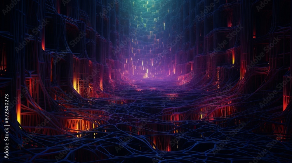An intricate network of neon threads interwoven into a complex tapestry against an inky abyss.