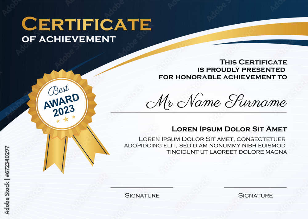 Blue and gold Certificate of achievement template set with gold badge ...