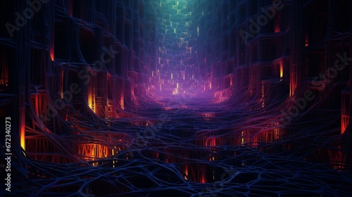 An intricate network of neon threads interwoven into a complex tapestry against an inky abyss.