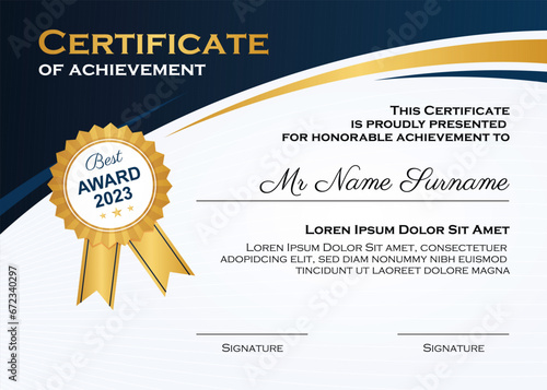 Blue and gold Certificate of achievement template set with gold badge and border. Award diploma design blank. Vector Illustration photo
