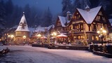  Snowy luxurious guesthouse with Christmas decorations illuminated in the evening