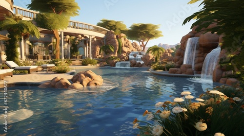 Poolside with waterfalls and beautiful patio and tons of space for people to gather 8k 