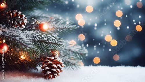 Christmas tree branch with decorations on snow and bokeh background