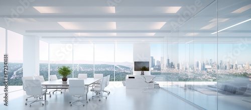 Interior of modern open space office with white tones. AI generated image © saifur